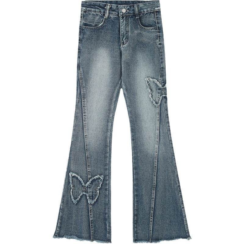 American Retro Butterfly Embroidery Slightly Flared Jeans Women - Mubimart