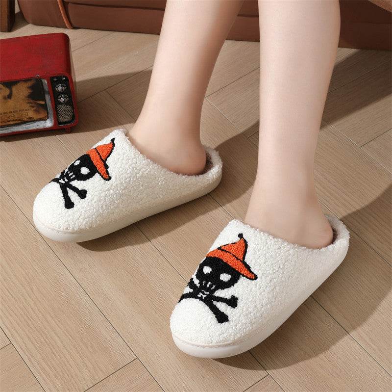 Halloween Skull Rose Slippers Winter Warm Indoor Floor Bedroom Home Slipper For Women - Mubimart