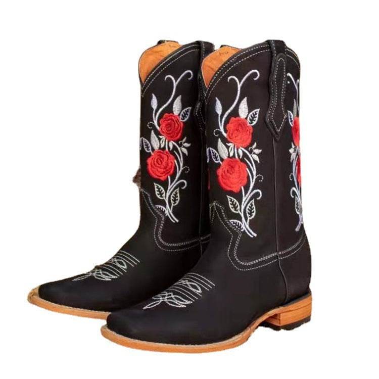 Square Toe Mid Heel Square Heel Rose Fashion Boots - Mubimart