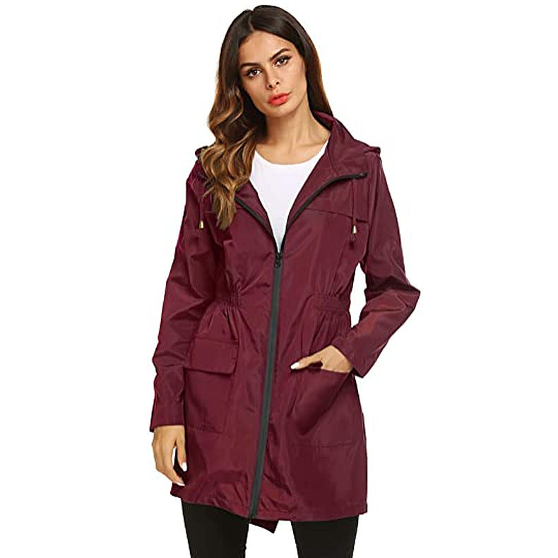 Regenjas met capuchon voor dames, regenjas met middellange lengte, trenchcoat