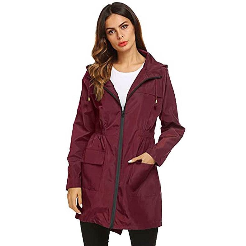 Women's Waist Hooded Raincoat Raincoat Mid-length Trench Coat - Mubimart