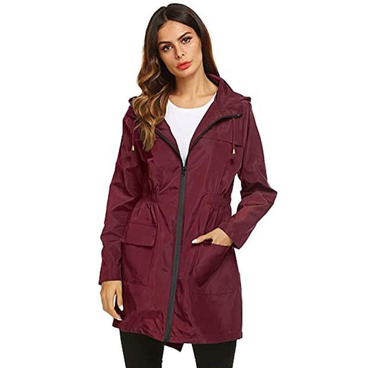 Women's Waist Hooded Raincoat Raincoat Mid-length Trench Coat - Mubimart