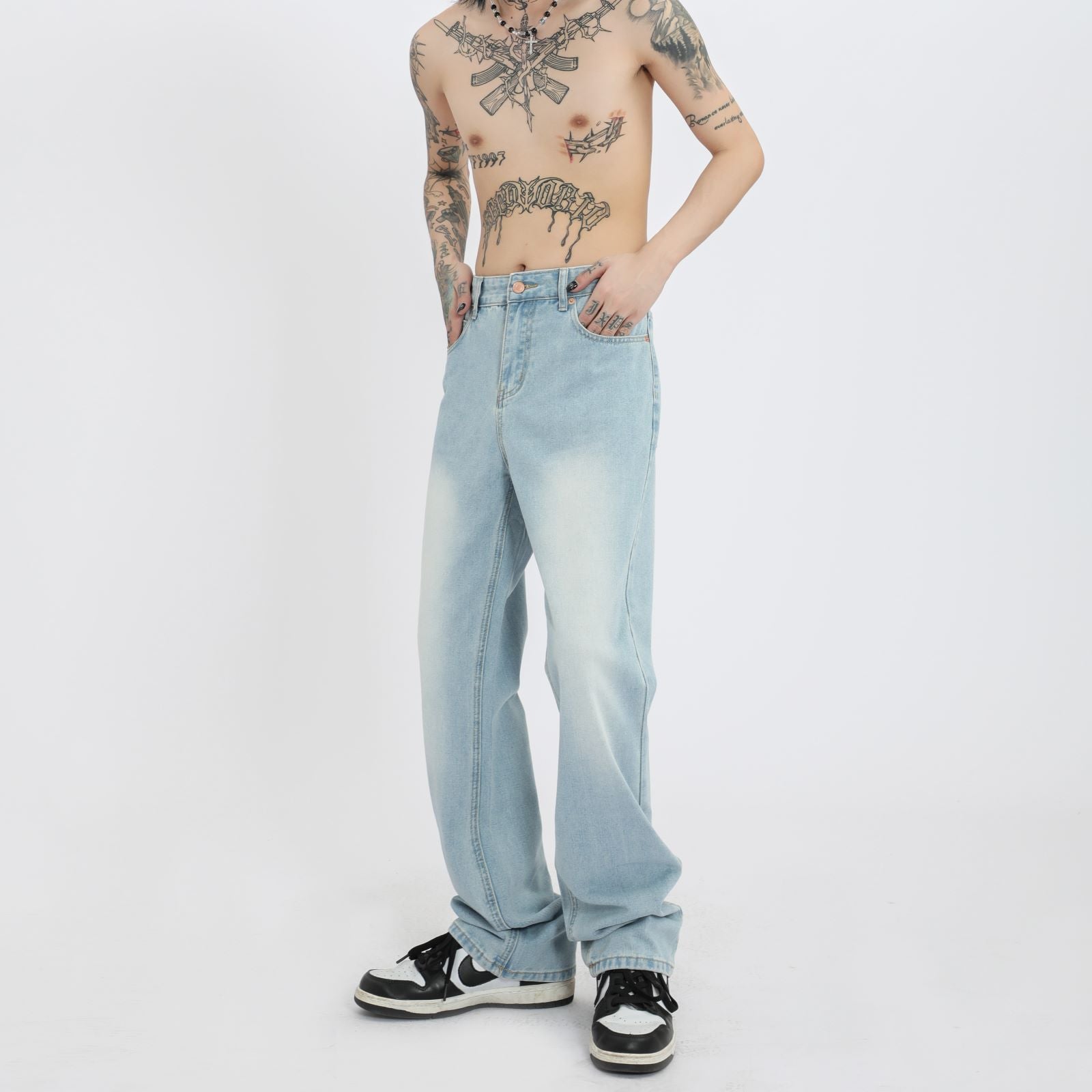 Eisblaue High Street Jeans-Bootcut-Hose im Used-Look