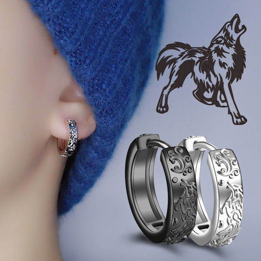 Vintage Black Proud Wolf Men Hoops Jewelry 925 Sterling Silver Earrings - Mubimart