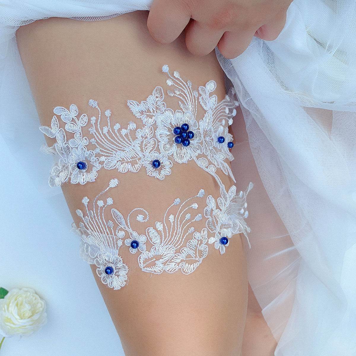 European And American Bridal Lace Garter Belt Blue Pearl Garter Belt Sexy Elastic Leg Loop - Mubimart