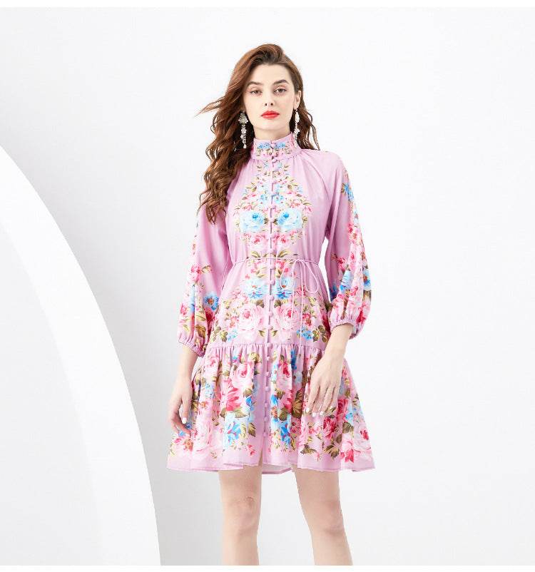 French Retro Printed Formal Dress - Mubimart