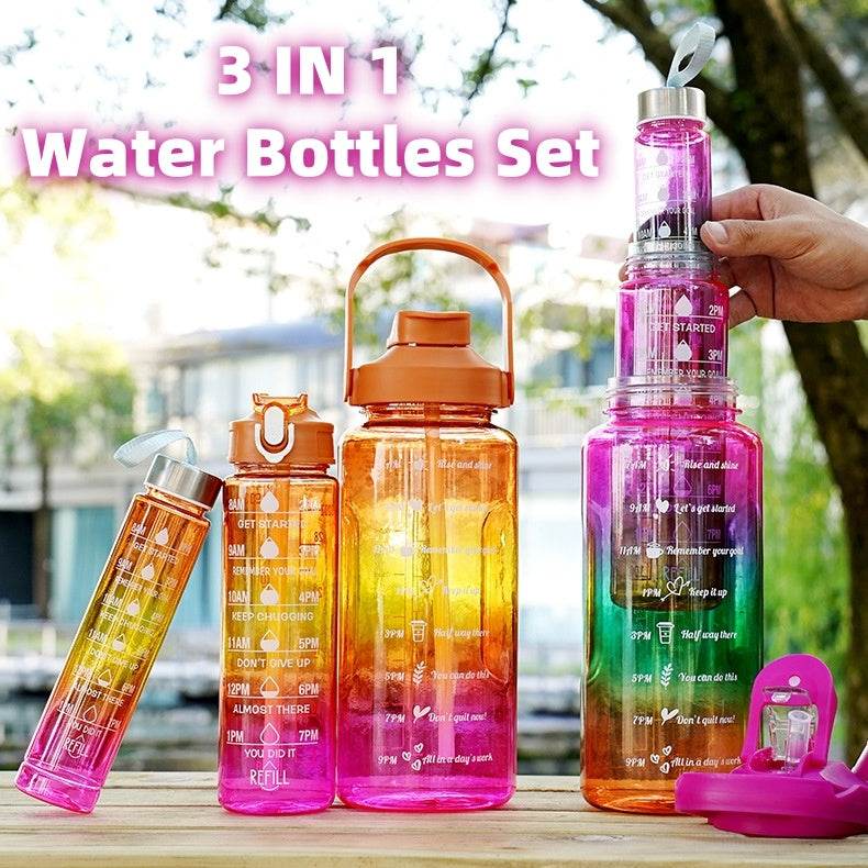 3-in-1 Gradient Color Motivational Water Bottles Set Plastic Straw Double Drink Translucent Outdoor Sports Bottle - Mubimart