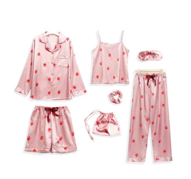 Simulated Silk Striped Seven-piece Loungewear - Mubimart