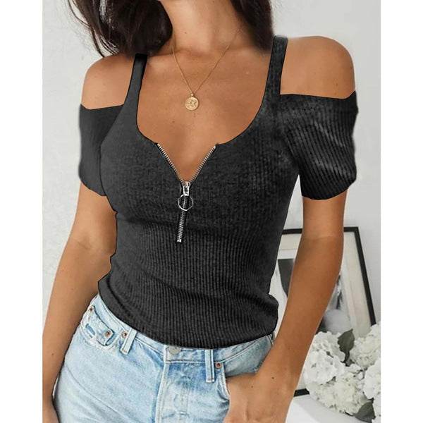Plus Size Short Sleeve Zipper Short T-Shirt - Mubimart