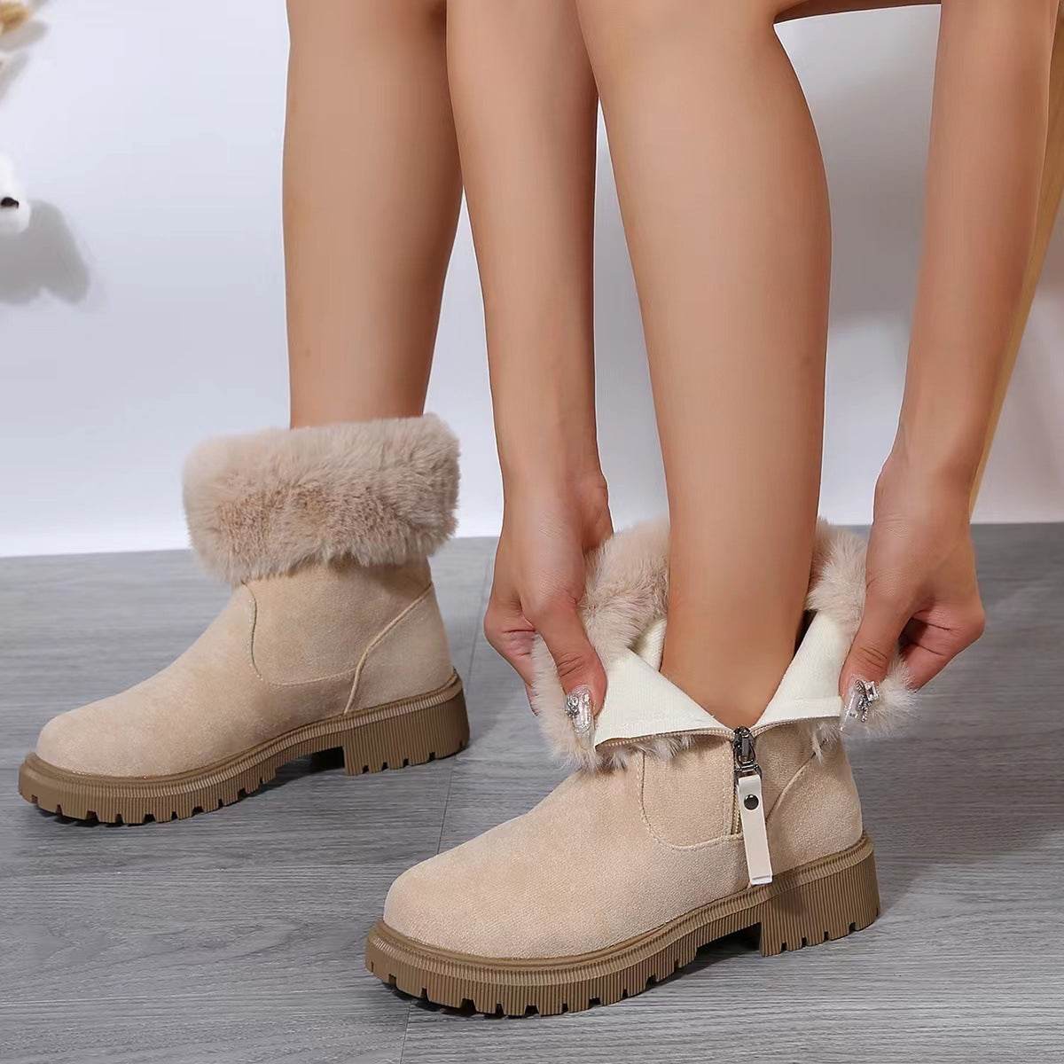 Warm Plush Boots Winter Fashion Side-Zipper Snow Boot For Women Outdoor Thickened Low-heelded Shoes - Mubimart