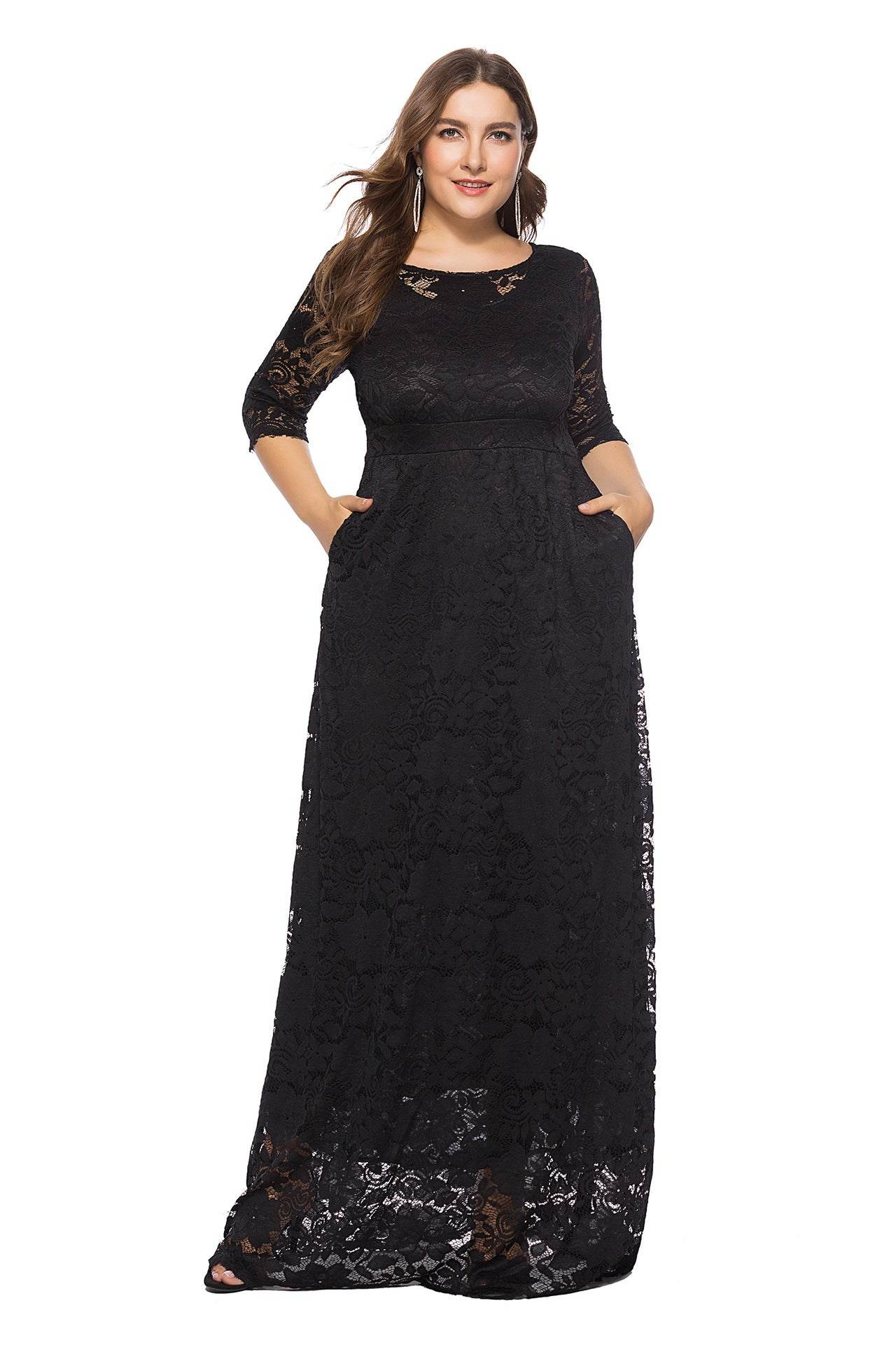 Plus Size Women New Hollow Lace Pocket Dress - Mubimart