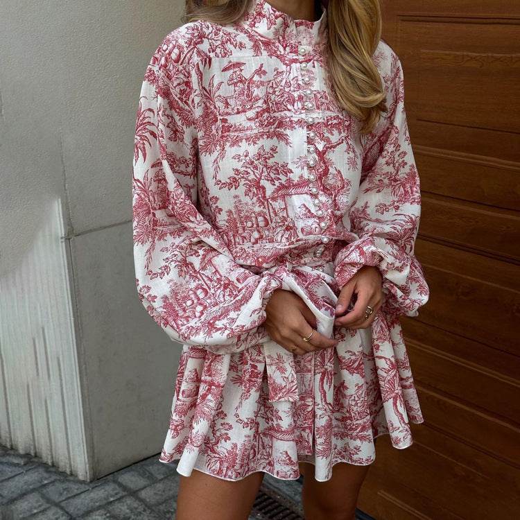 Ink Print Long Sleeve Short Dress With Fashion Puffy Sleeve Lapel Tie A-Line Dress Clothing - Mubimart