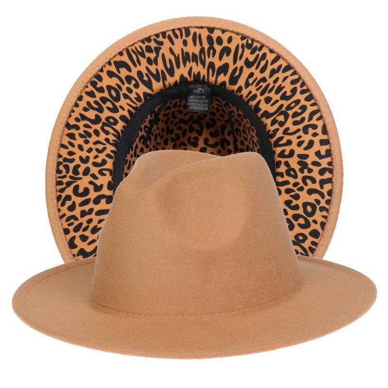 Double-sided Color-blocking Leopard Print Woolen Fedora Hat - Mubimart