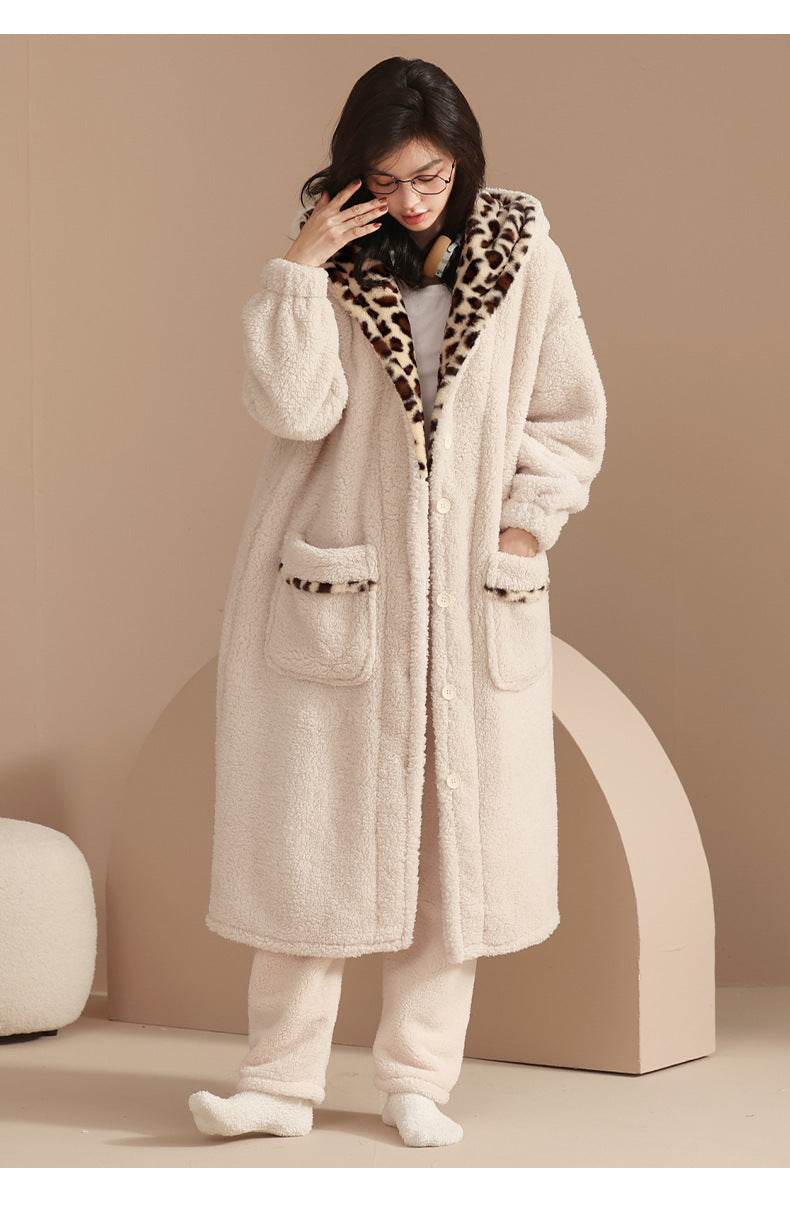 Korean Hooded Warm Female Long Robe Pajamas Plus Velvet - Mubimart