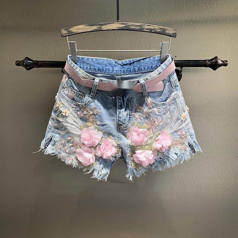 New Embroidery Beads Loose Straight Denim Shorts Women - Mubimart