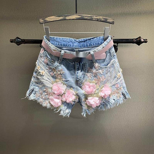 New Embroidery Beads Loose Straight Denim Shorts Women - Mubimart