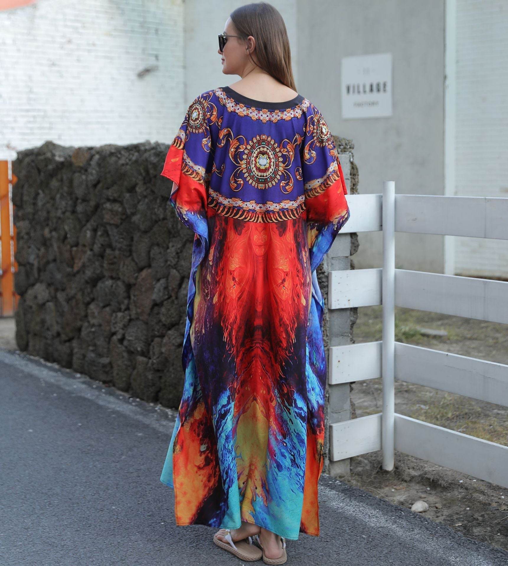 Plus Size Kaftan Beach Cover-ups Loose Summer Maxi Dress - Mubimart
