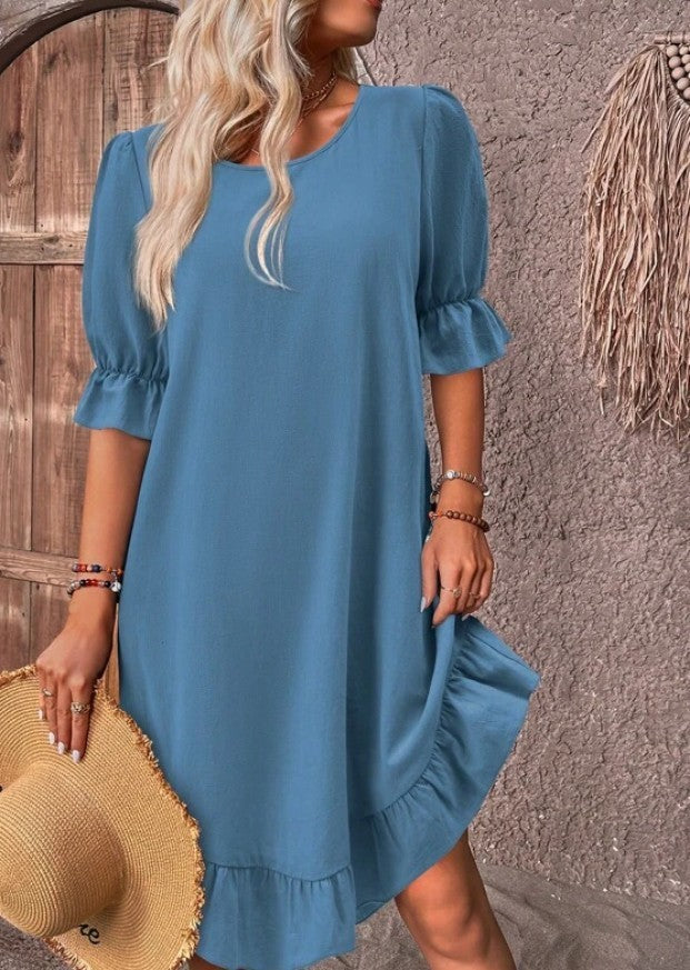 Fashion Ruffle Short-sleeved Dress Summer Solid Color Round Neck Loose Straight Dresses Womens Clothing - Mubimart -  