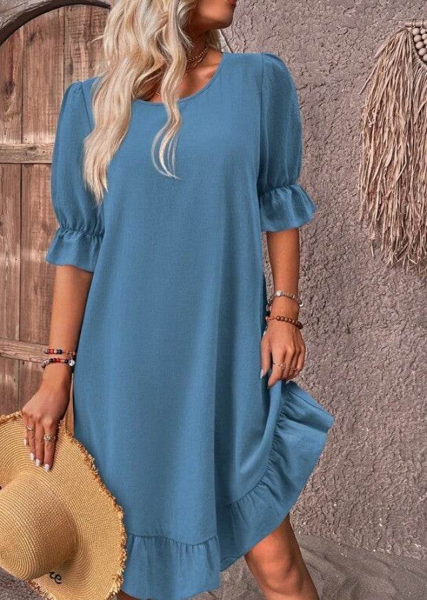 Fashion Ruffle Short-sleeved Dress Summer Solid Color Round Neck Loose Straight Dresses Womens Clothing - Mubimart