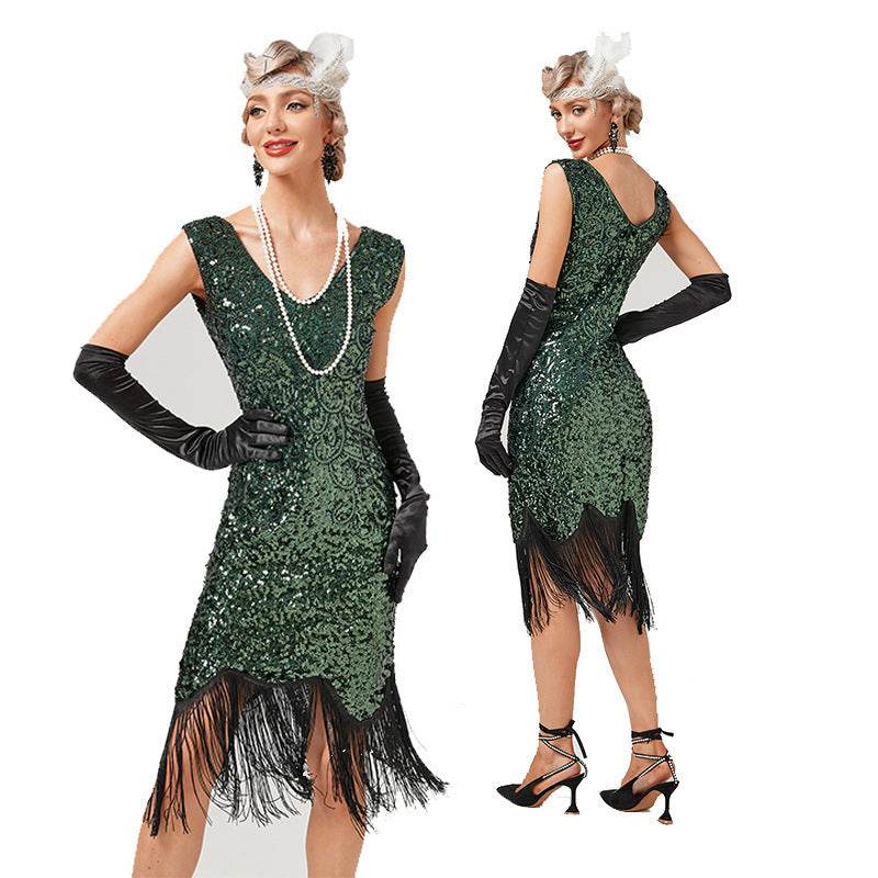 Vintage Sequin Skirt Gatsby Prom Tassel Dress - Mubimart