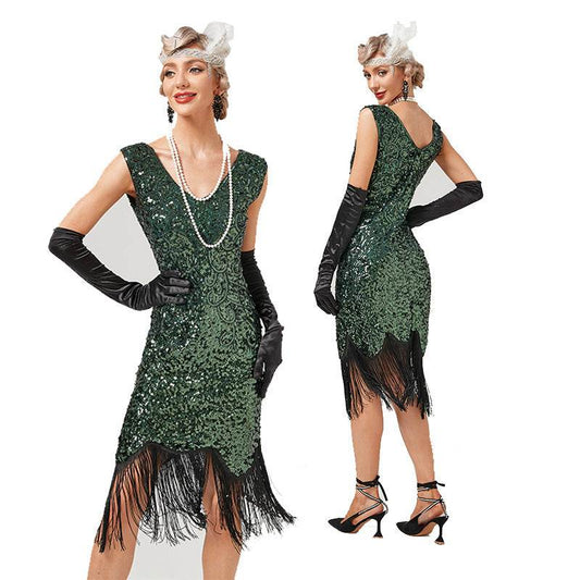 Vintage Sequin Skirt Gatsby Prom Tassel Dress - Mubimart