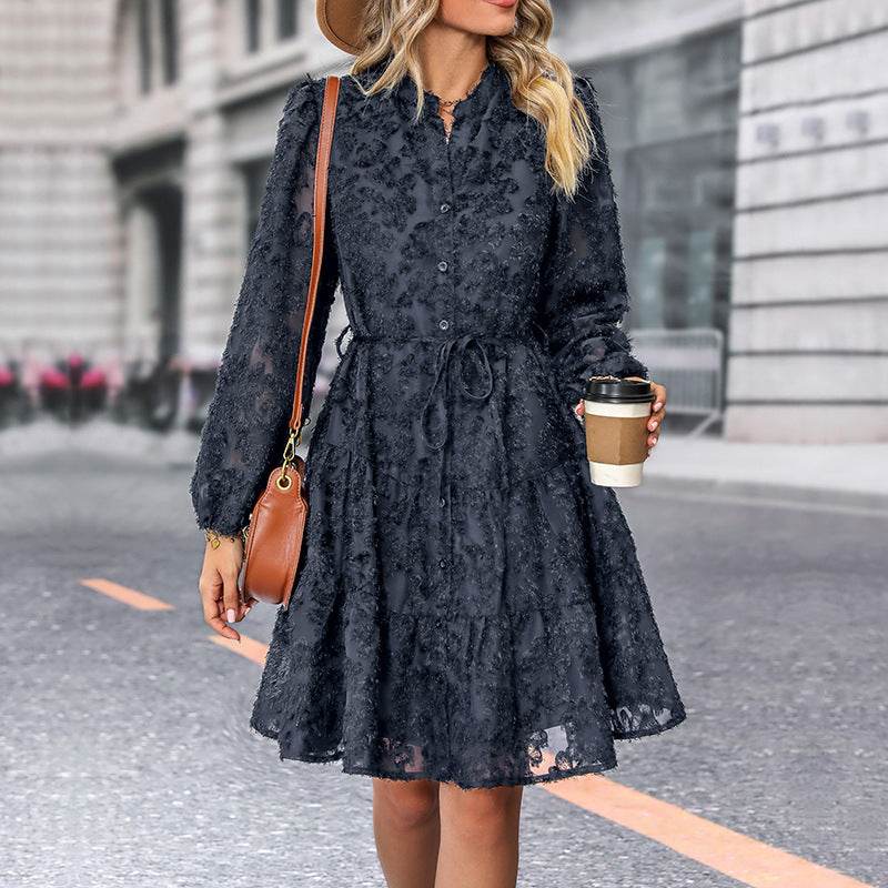 Lace Tied Long Sleeve Dress Fashion Medium Length Dresses Womens Clothing - Mubimart