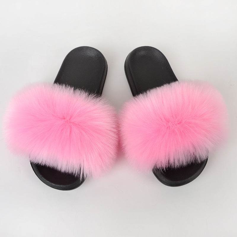 Faux Fox Fur Slippers Women Non Slip Plush Slippers - Mubimart