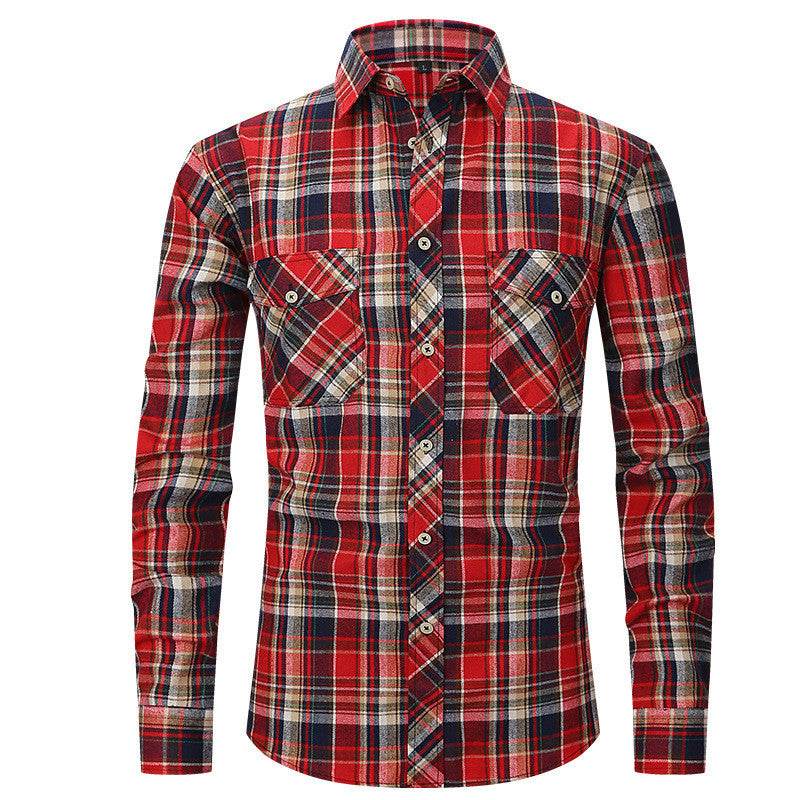 Men's Long Sleeve Double Pocket Flannel Shirt With Brushed Plaid - Mubimart