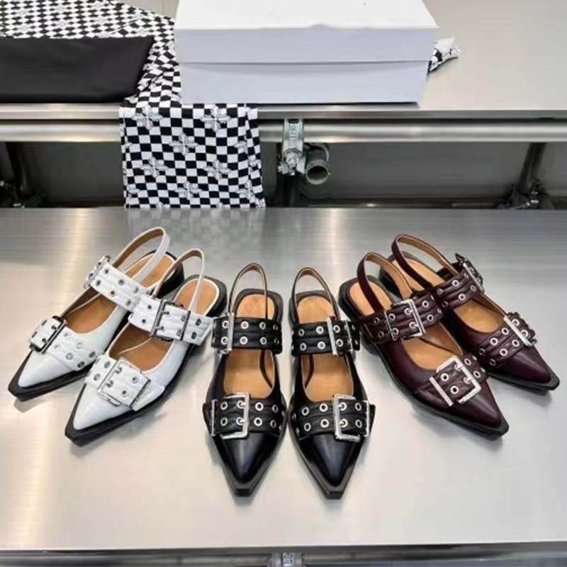 Pointed Toe Belt Buckle Mules Leather Flat Sandals - Mubimart