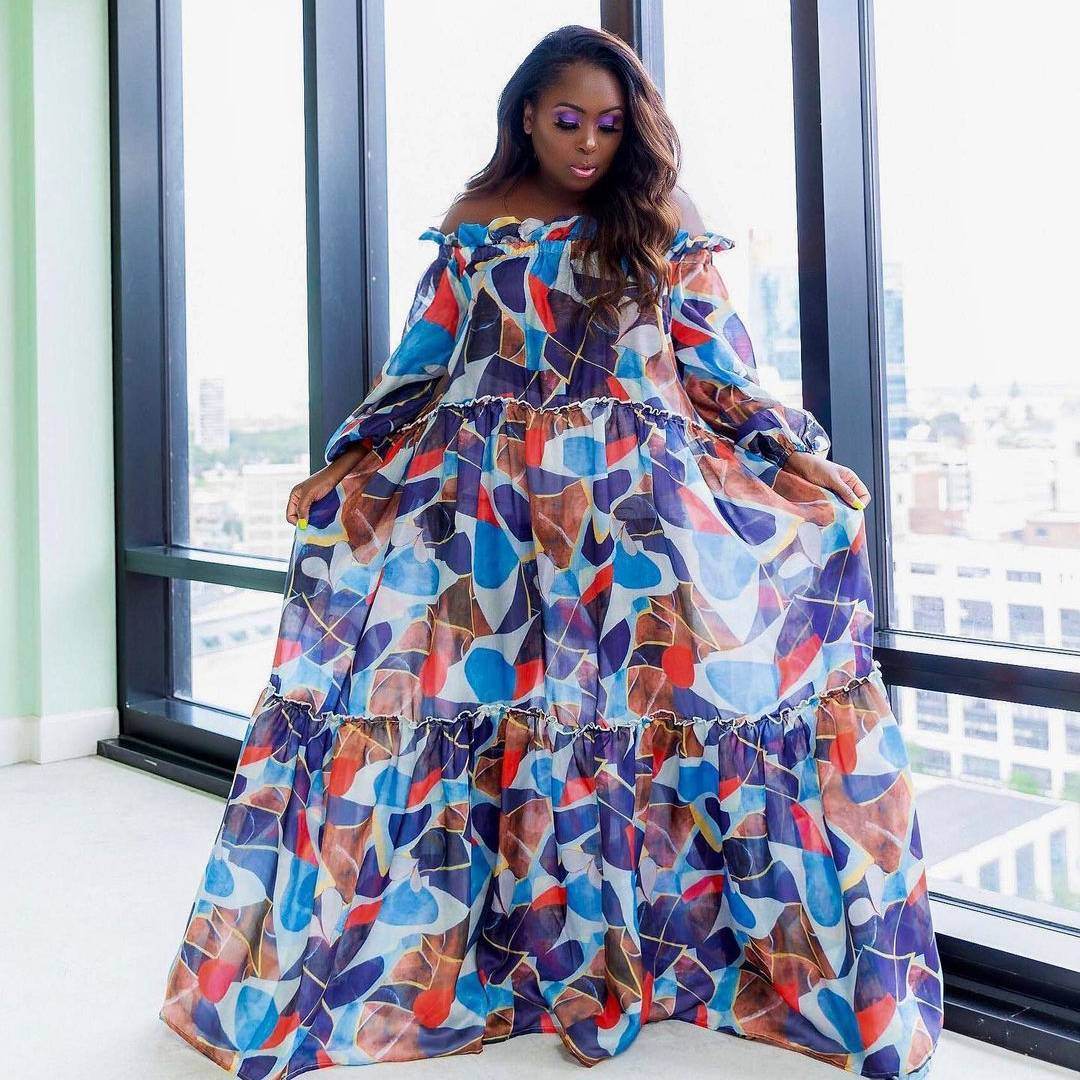 Women's Loose Large Size Digital Printing Oversized Hem Collar Maxi Dress - Mubimart