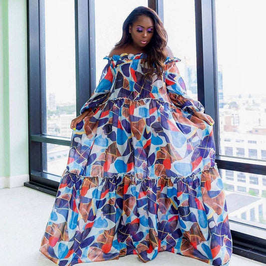 Women's Loose Large Size Digital Printing Oversized Hem Collar Maxi Dress - Mubimart