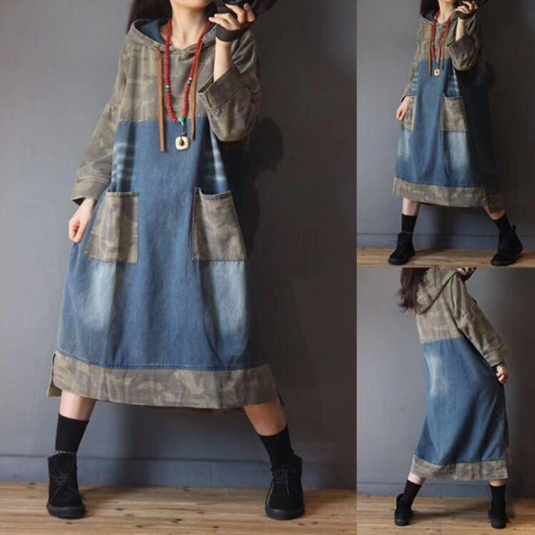 Spring And Autumn New Retro Hooded Plaid Blocks Mid-length Denim Dress For Women Versatile Casual Loose Plus Size - Mubimart -  