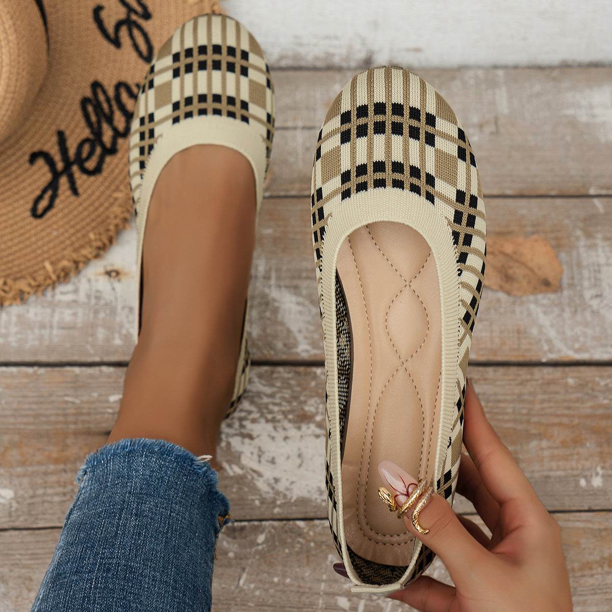Fashion Plaid Print Flats Shoes New Fashion Casual Breathable Slip On Round-toe Mesh Shoes For Women - Mubimart