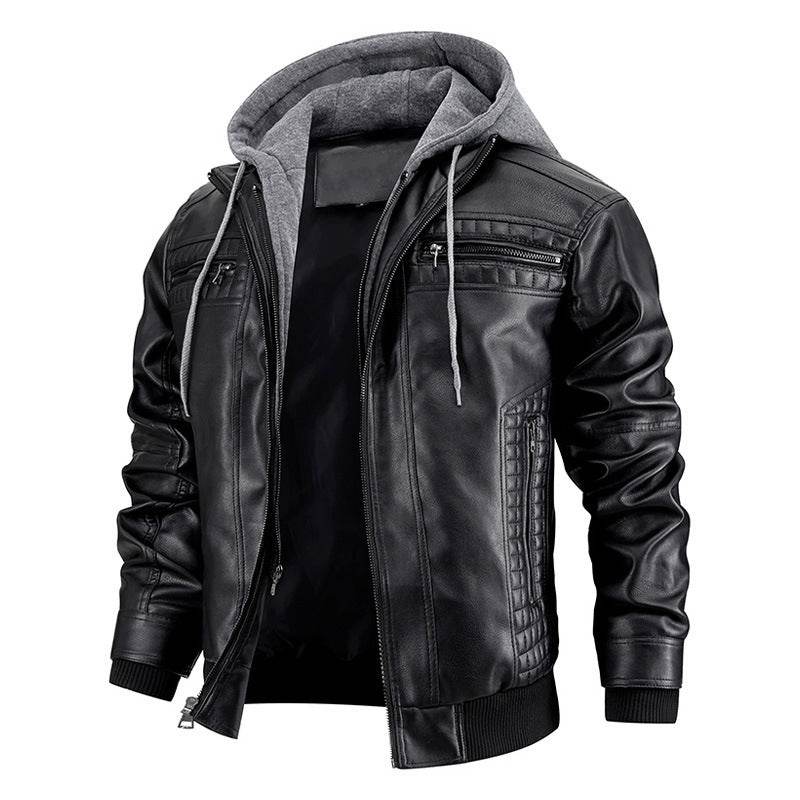 Hooded Jacket With Zipper Pockets Fashion Warm Pu Leather Coat Mens Clothing - Mubimart