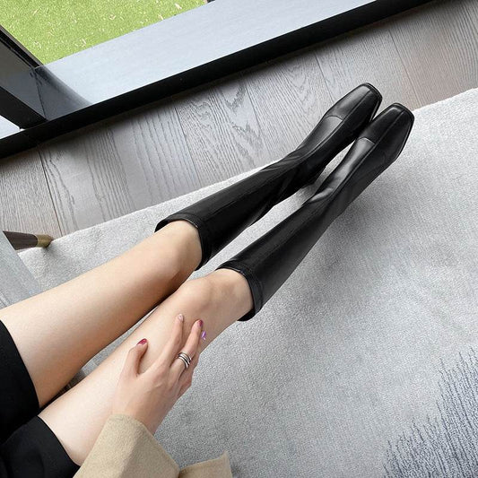 Women's Long Boots With Thick Heels And Square Head Show Thin Tall Thick Legs Elastic Large Circumference - Mubimart