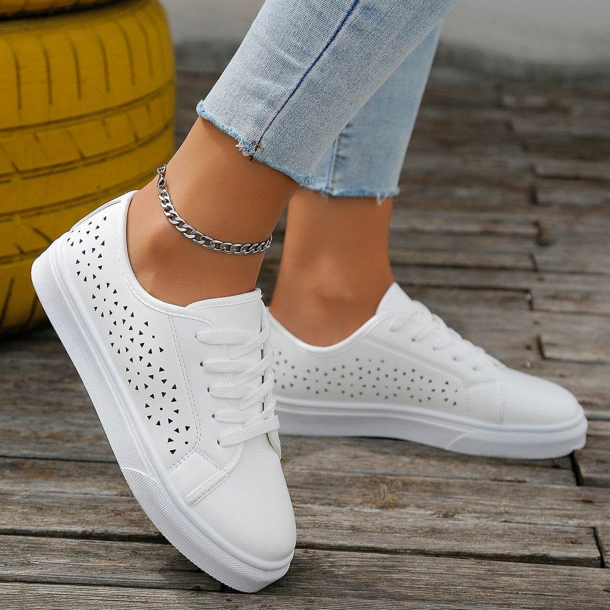 Cutout Flat Shoes Lace-up Hollow Out Walking Shoes For Women Loafers - Mubimart