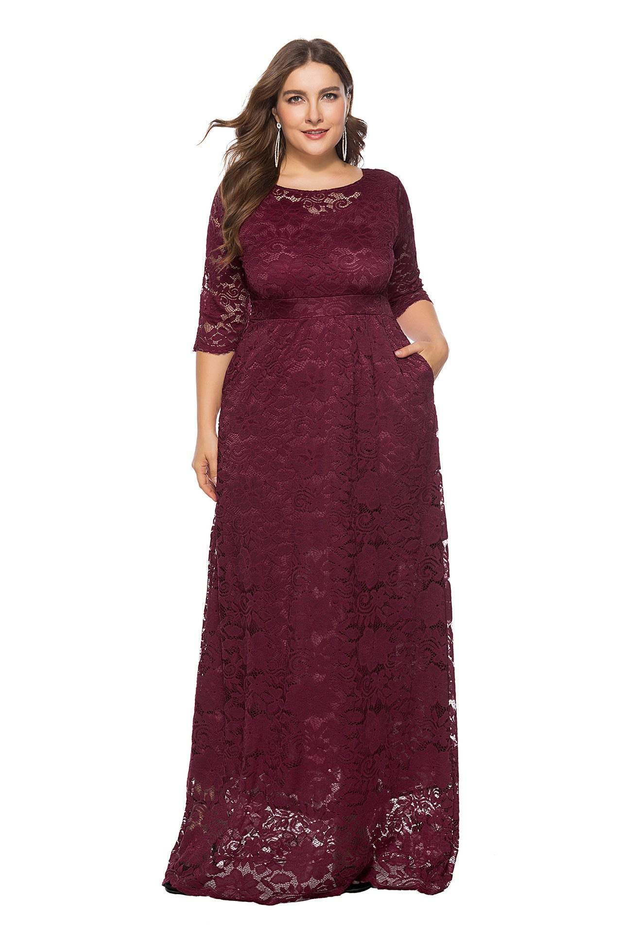 Plus Size Women New Hollow Lace Pocket Dress - Mubimart
