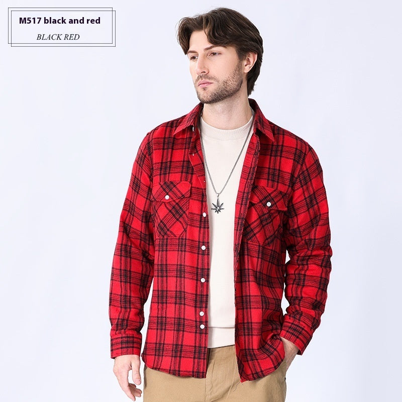 Vintage Flannel Men's Long Sleeve Brushed Plaid Shirt Coat