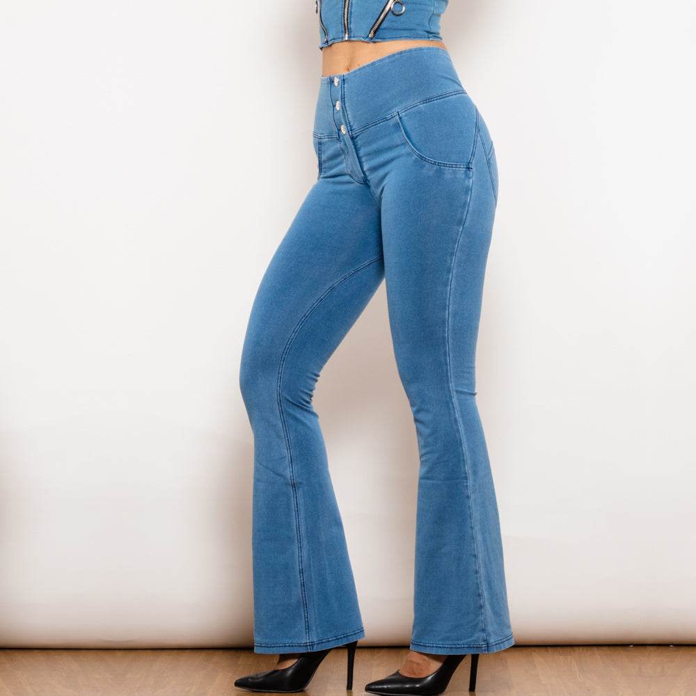 Shascullfites Melody Light Blue Flared Lift Jeggings Button Up Jeans Shaping Jeans Women High Waist Flare Jeans - Mubimart