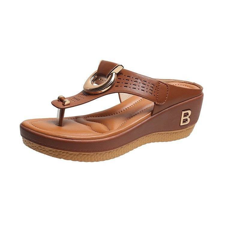 Thong Sandals Women High Heel Wedges Shoes Flip Flops Metal Decorative Slides Slippers - Mubimart