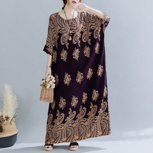 Spring Ethnic Style Plus Size Women's Cotton Silk Robe Loose Dress - Mubimart