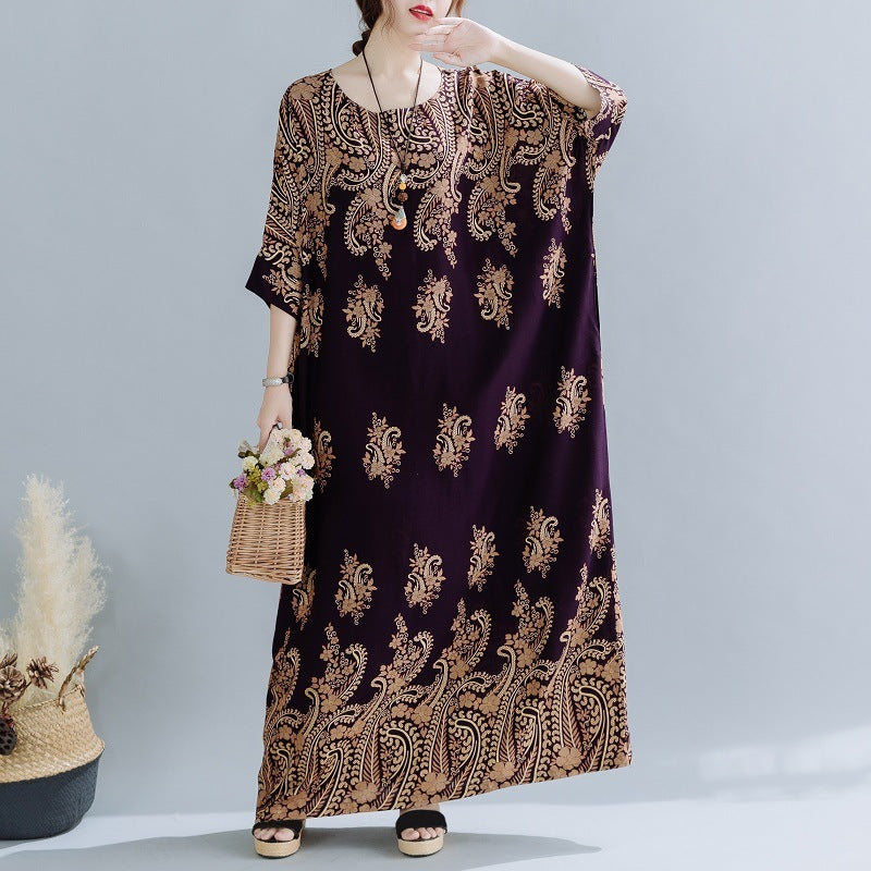 Spring Ethnic Style Plus Size Women's Cotton Silk Robe Loose Dress - Mubimart -  