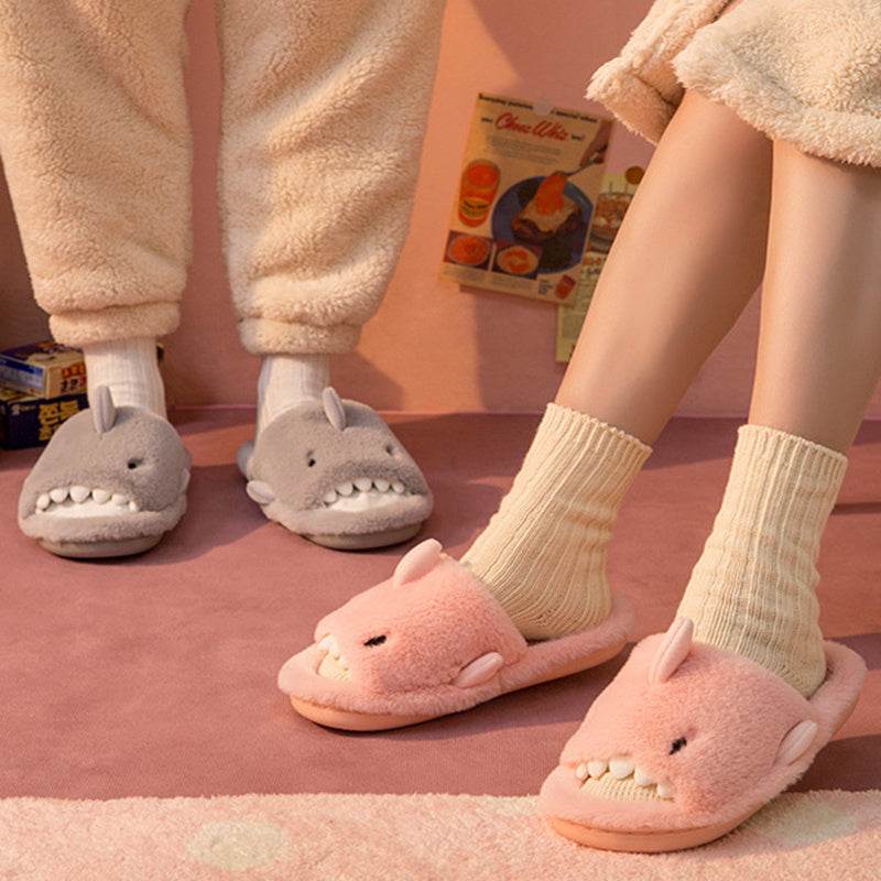 Shark Slippers Fluffy Slippers For Women Couple House Shoes Winter - Mubimart