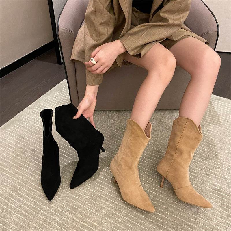Pointed-toe Retro Western Cowboy Boot Slimming Suede Mid Boots - Mubimart