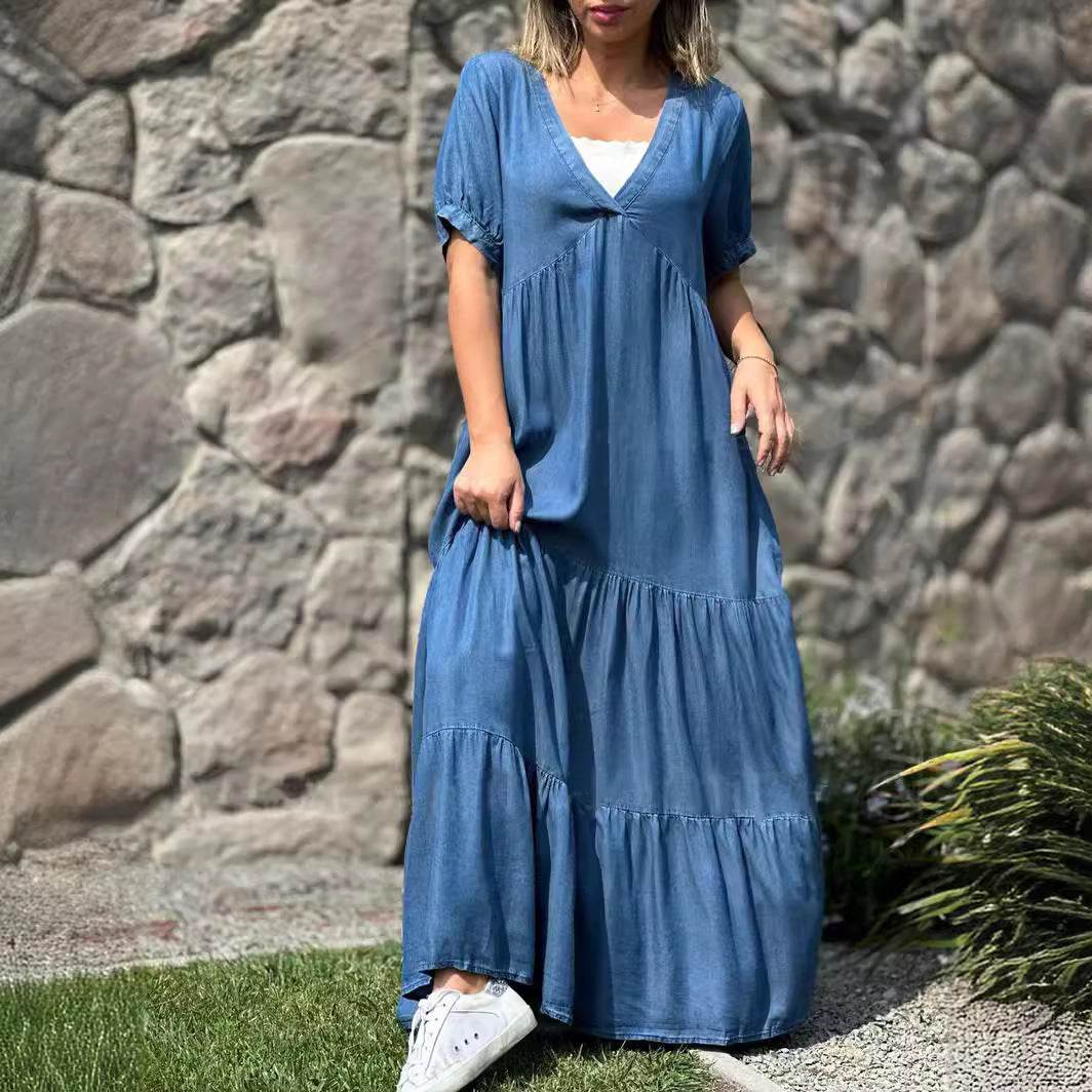 European And American Plus Size Women's Clothes Faux Denim Solid Color And V-neck Long Dress - Mubimart