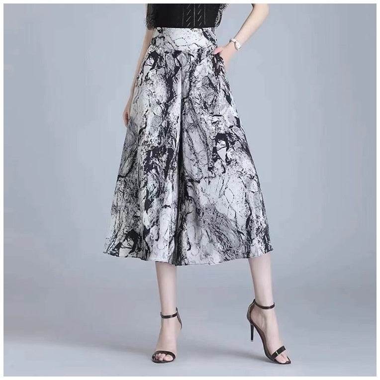 Slim And Casual High Waisted Printed Wide Leg Capris - Mubimart