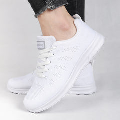 Black White Sneakers Women Lace Up Running Walking Shoes