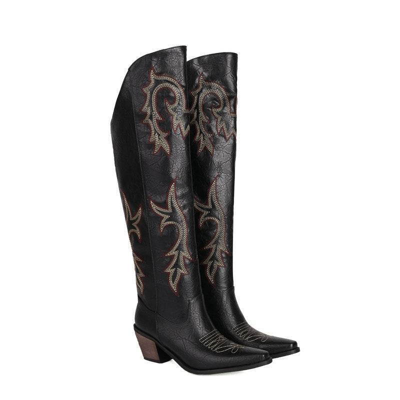 Embroidery Sleeve Western Cowboy Boot Chunky Heel High Heel - Mubimart