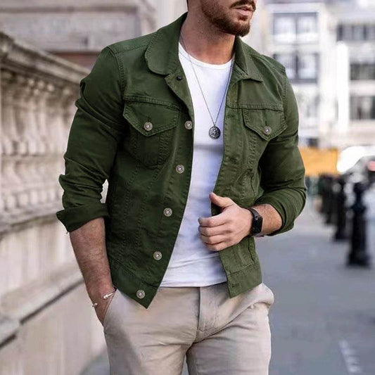 Mens Slim Fit Denim Lapel Jacket - Mubimart