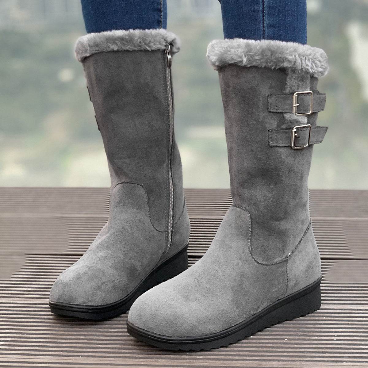 Fleece-lined Thick Mid-calf Martin Boots Wedge Heel - Mubimart